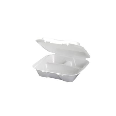 Genpak SN203 Hinged Lid Food Container - 9"L x 9"W x 3"H, Foam, White, Polystyrene, Three Compartments