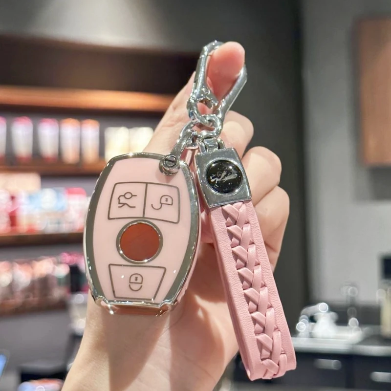 Rosa Auto Schlüssel anhänger Fall Abdeckung mit PU Leder Schlüssel bund für Mercedes Benz c e s m cls clk g Klasse schlüssel lose Smart Schlüssel anhänger girly Image