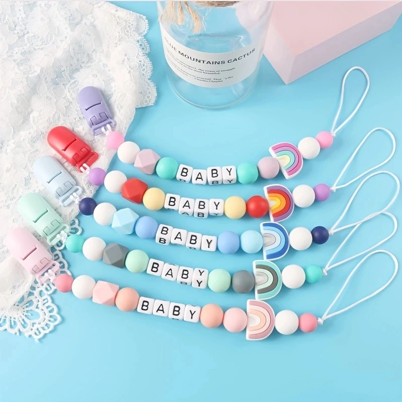 Neue Regenbogen Silikon Schnuller Kette Baby Schnuller Clip Baby Cartoon Beißring Anti-drop Kette Image