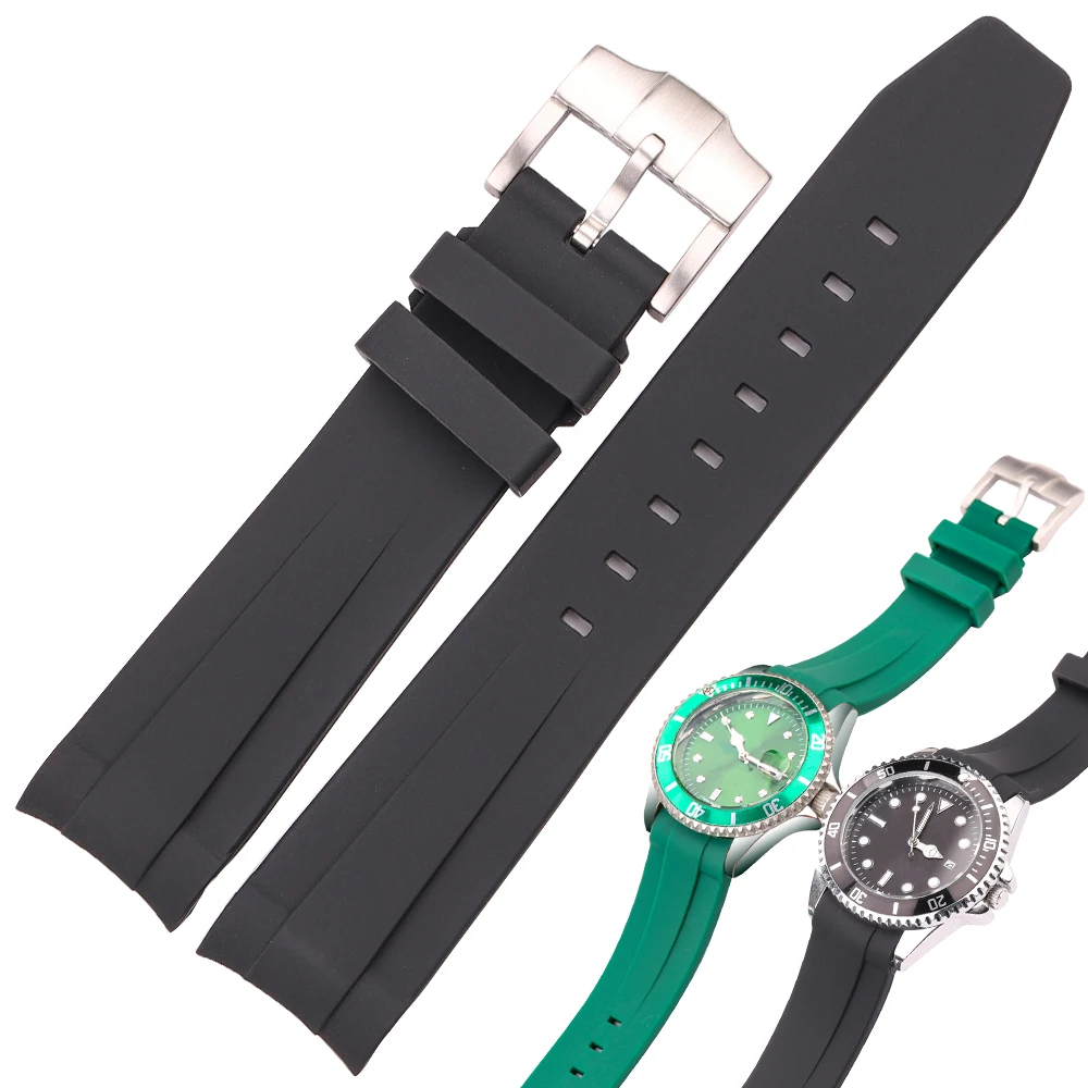 20 mm gebogenes Ende Gummi-Uhrenarmband für Rolex Submariner-Uhrenarmband, weiches Silikon, Schwarz, Grün, Blau, Taucharmband Image