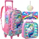 3 Stück Roll rucksack für Mädchen Kinder Roll räder Bücher tasche mit Lunch Bag rosa Einhorn