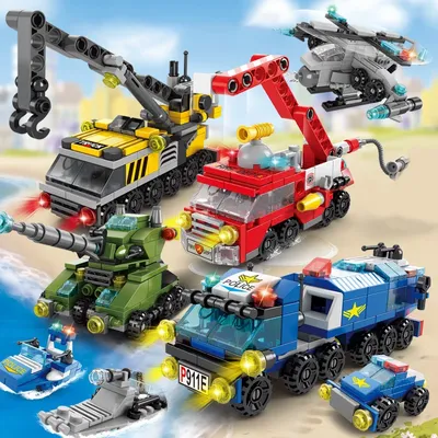 6IN1 Bausteine Stadt Feuer Auto Polizei Lkw Engineering Kran Tank Hubschrauber Bricks Set Spielzeug für Kinder Kinder Image