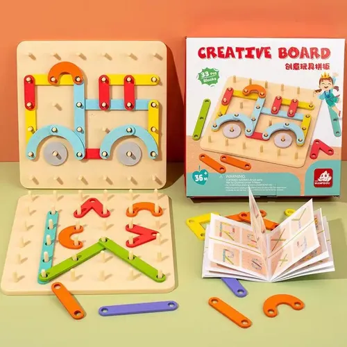 Kinder Holz Geo board Spielzeug Nagel brett geometrische Säule Set Bau Puzzle geometrische Peg board