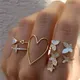 Mode hohlen Herz Schmetterling Ring Set für Frauen glänzenden Kristall Kreuz Knöchel Ringe