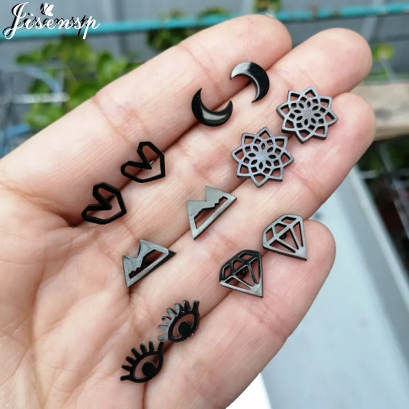 Punk Schwarz Edelstahl Geometrische Ohrringe für Frauen Männer Hip Hop Schmuck Einfache Mandala Mond Herz Ohr Studs Großhandel 2024