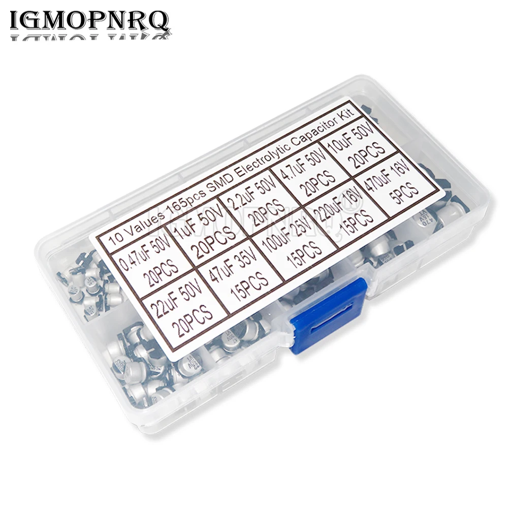 165PCS SMD Aluminium-Elektrolytkondensator-Sortiment-Kit-Set, Muster-Kit, 0,47uF, 1uF, 2,2uF, 4,7uF, 10uF, 22uF, 47uF, 100uF, 10 Werte Image