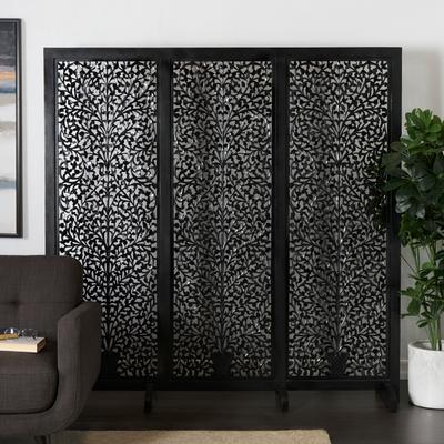 Black or White Wooden Handmade Large Flat Freestanding Carved Floral Room Divider Screen with 4 Feet