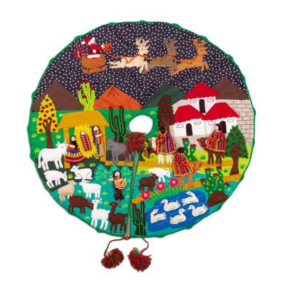 Holiday Excitement,'Cotton Blend Applique Christmas Tree Skirt of Andean Scene'