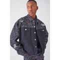 Mens Black Boxy Fit Paisley Spliced Denim Jacket, Black