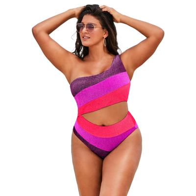 Plus Size Women's One Shoulder Color Block Cutout One Piece Swimsuit by Swimsuits For All in Warm Sparkle (Size 18)