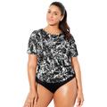 Plus Size Women's Chlorine-Resistant Twist Back Swim Tee by Swimsuits For All in Black Abstract (Size 24)