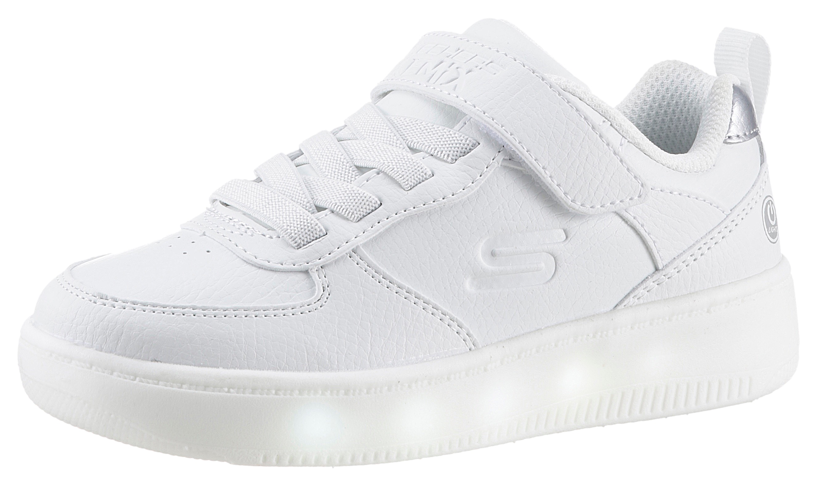 Sneaker SKECHERS "Blinkschuh SPORT COURT 92- SHOW MADDOX", Kinder, Gr. 35, weiß, Lederimitat, unifarben, Schuhe, Schnürschuh mit Blinkfunktion, Größenschablone zum Download Image