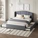 Queen Bed Frame with 2 Drawers and 1 Twin Size Trundle, Upholstered Platform Bed with Wingback Headboard, No Box Spring Needed