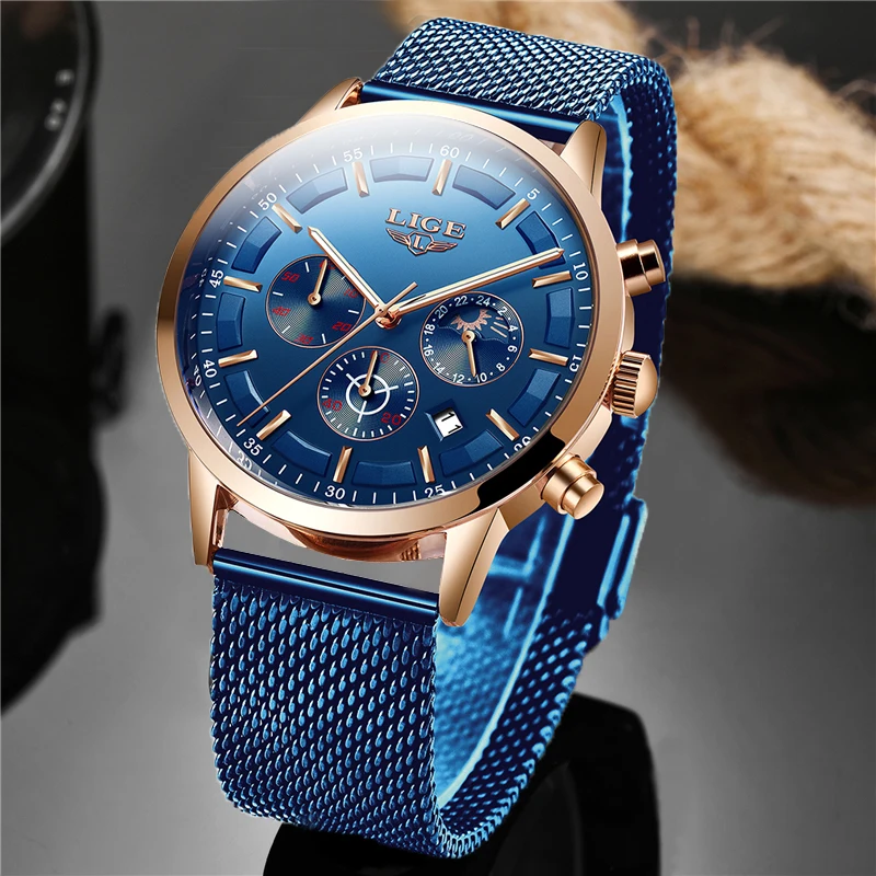 LIGE Top Marke Luxus Neue Mode Einfache Uhr für Männer Blau Zifferblatt Uhr Mesh Gürtel Sport Wasserdichte Uhren Mond Phase handgelenk Uhr