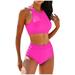 BIZIZA Sexy 2 Piece Bathing Suits Workout High Waisted Graphic/Solid Swimsuits Crew Neck Tank Top Bikini Set for Women Two-Piece Set M