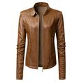 yinguo womens long sleeve leather jacket motorcycle leather jacket pu leather jacket fashion womens jacket coat