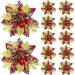 Namzi Artificial Poinsettias Christmas Glitter Flowers with Clips Xmas Tree Ornament (Red Black with Snowflake 12 Pieces)