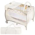 COSTWAY 3 in 1 Foldable Travel Cot, Portable Baby Bed Playard with Bassinet, Changing Table, 3 Hanging Toys, Lockable Wheels & Carry Bag, Infants Nursery Center Crib Bed for Newborn Toddlers (Beige)