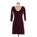 Casual Dress - Mini Scoop Neck 3/4 sleeves: Burgundy Print Dresses - Women's Size Medium