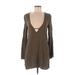 TOBI Casual Dress - Shift Plunge Long sleeves: Brown Print Dresses - Women's Size Medium