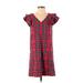 Draper James Casual Dress - Shift V Neck Short sleeves: Red Plaid Dresses - Women's Size 4