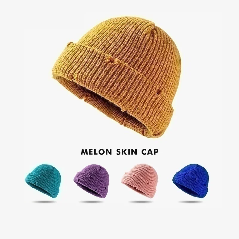 Bonbon farbe Winter Harajuku Strick mütze Frauen Mode warme dicke Männer Hip Hop Loch Schädel kappe kurzer Hut Unisex Paar Grund kappe