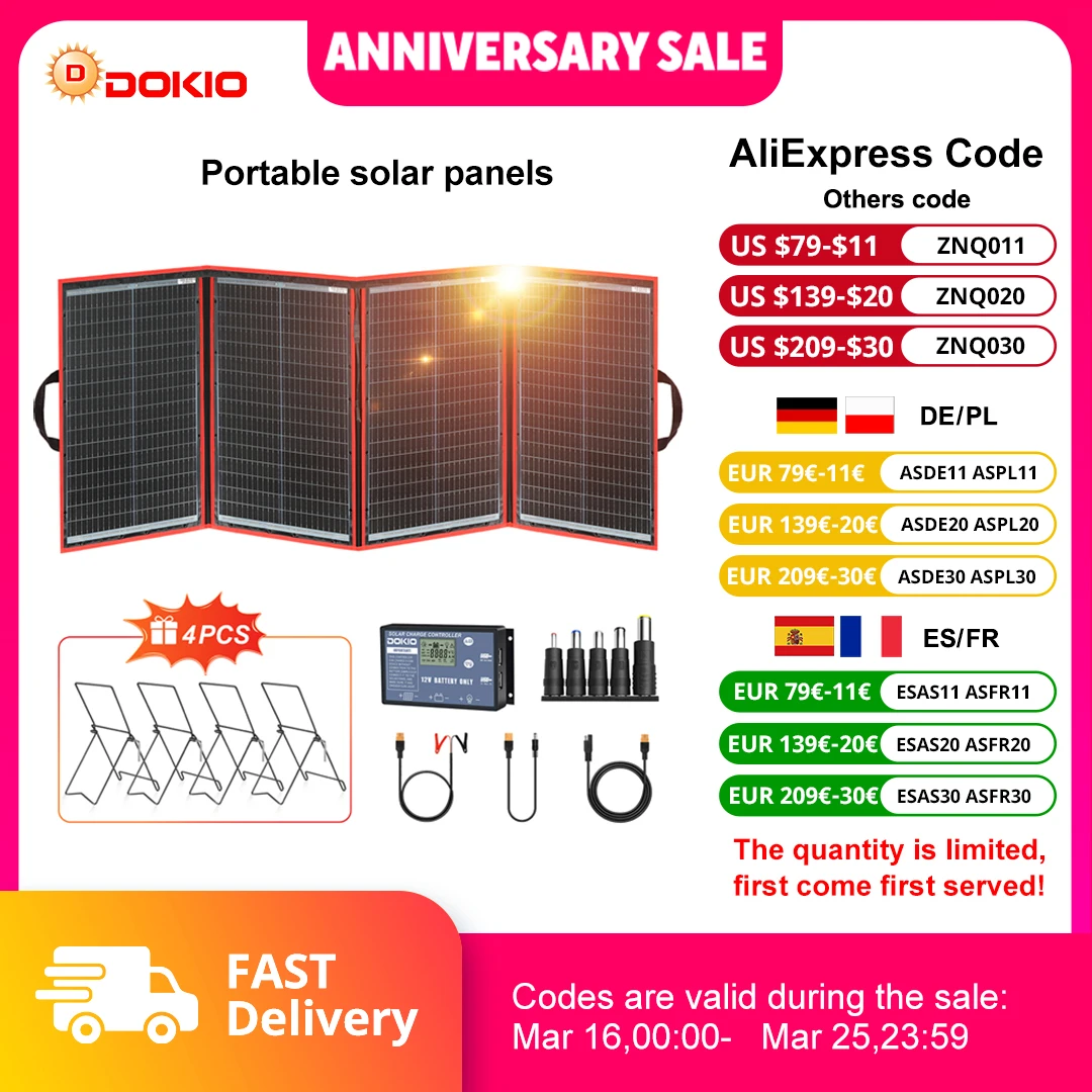 Dokio (kostenloses 4-teiliges Ständer-Set) 18V 195W/295W tragbares, faltbares Solarpanel mit 12V-Controller, geeignet für Zuhause und Reisen Image