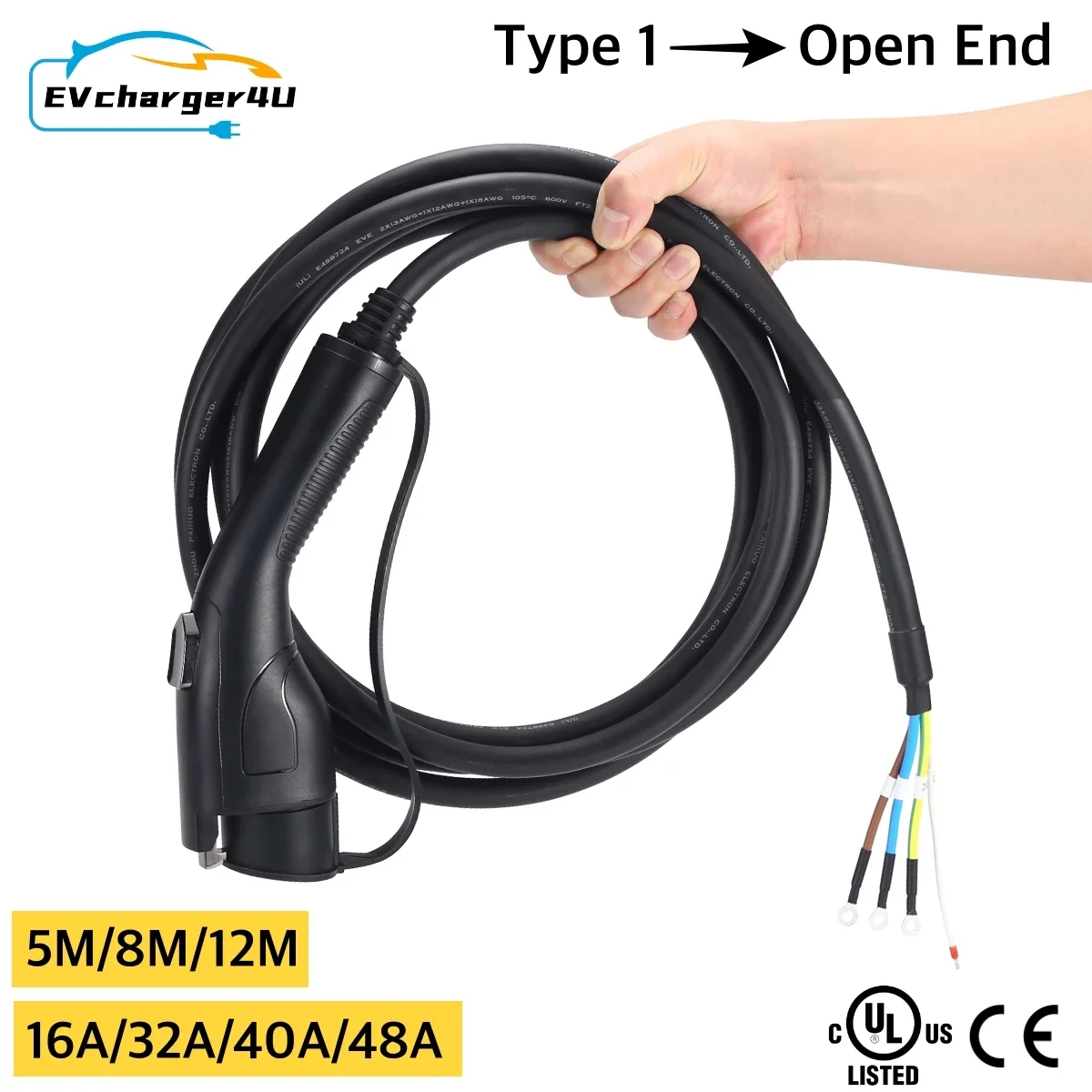 EVcharger4U 1Phase 16A 32A 40A 48A Typ 1 EV Ladekabel SAE J1772 Buchse Zu Öffnen Draht Für elektrische Fahrzeug Ladestation Image