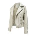 LBECLEY 8Ball Jacket Womens Women Slim Jacket Artificial Leather Coat Lapel Zipper Bandage Biker Motorcycle Short Fashion Outwear Coat Cropped Beige Xl