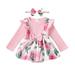 Mikrdoo Newborn Girls Clothes 3 Months Baby Girls Floral Print 6 Months Baby Girls Fake Two Pieces Ruffle Long Sleeve Bow Romper Dress With Headband 2Pcs Sets Pink