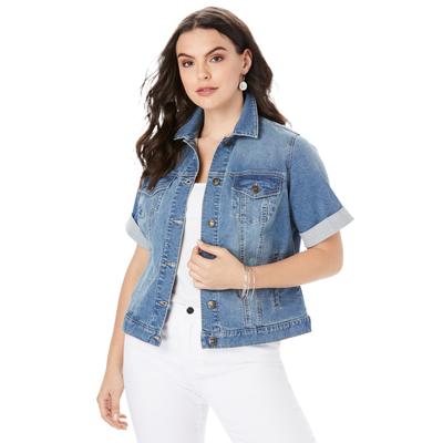 Plus Size Women's Short-Sleeve Stretch Denim Jacket by Roaman's in Medium Wash (Size 14 W)