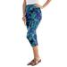 Plus Size Women's Essential Stretch Capri Legging by Roaman's in Ultra Blue Tropical Leaves (Size 14/16) Activewear Workout Yoga Pants