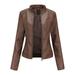 Ecqkame Women s Faux Leather Motorcycle Jacket Ladies Slim Leather Stand-Up Collar Zipper Stitching Solid Color Fall Jacket Coffee L