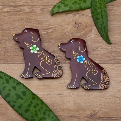 'Set of 2 Hand-Painted Floral Dog-Shaped Wood Magnets'