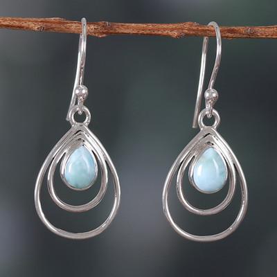 Healing Drops,'Polished Drop-Shaped Natural Larimar Dangle Earrings'