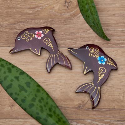 'Set of 2 Hand-Painted Floral Dolphin-Shaped Wood Magnets'