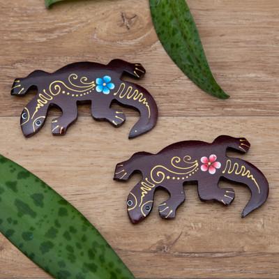 'Set of 2 Hand-Painted Floral Lizard-Shaped Wood Magnets'