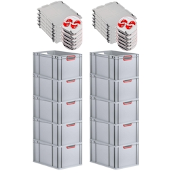 PROREGAL SparSet 10x Eurobox NextGen Color mit Auflagedeckel & Verschlüsse, HxBxT 32x40x60cm, 65L, Grau, Griffe rot offen, Eurobehälter, Box Image