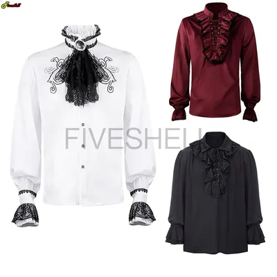 Mittelalterlichen Kostüme männer Shirts Rollkragen Vintage Verband Viktorianischen Rüschen Gothic Männlichen Jabot Bluse Tops Bräutigam Casual Outfit Image