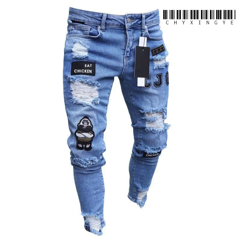 2023 Weiße Stickerei Skinny Ripped Jeans Männer Baumwolle Dehnbar Slim Fit Hip Hop Denim Hosen Lässige Jeans für Männer Jogging Hose