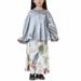 Sokhug Muslim Long Dress Medium Big Girls Long Sleeve Round Neck Colorblock Top Skirt Set