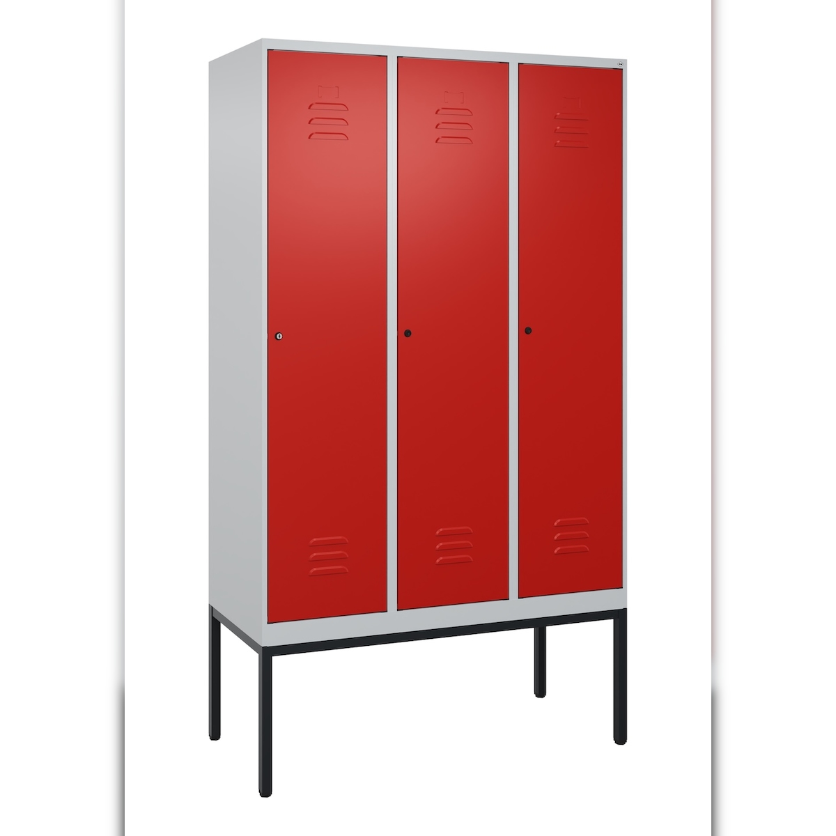 C+P Spind Classic PLUS, Gestell, 3 Abteile, HxBxT 212x120x50cm, Zylinderschloss, Hellgrau/Rot von PROREGAL Image
