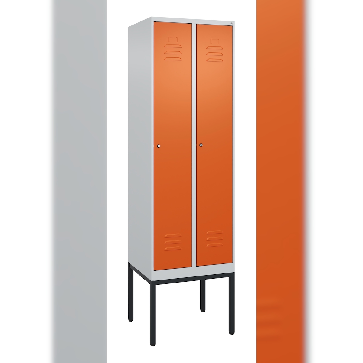 C+P Spind Classic PLUS, Gestell, 2 Abteile, HxBxT 212x60x50cm, Zylinderschloss, Hellgrau/Reinorange von PROREGAL Image