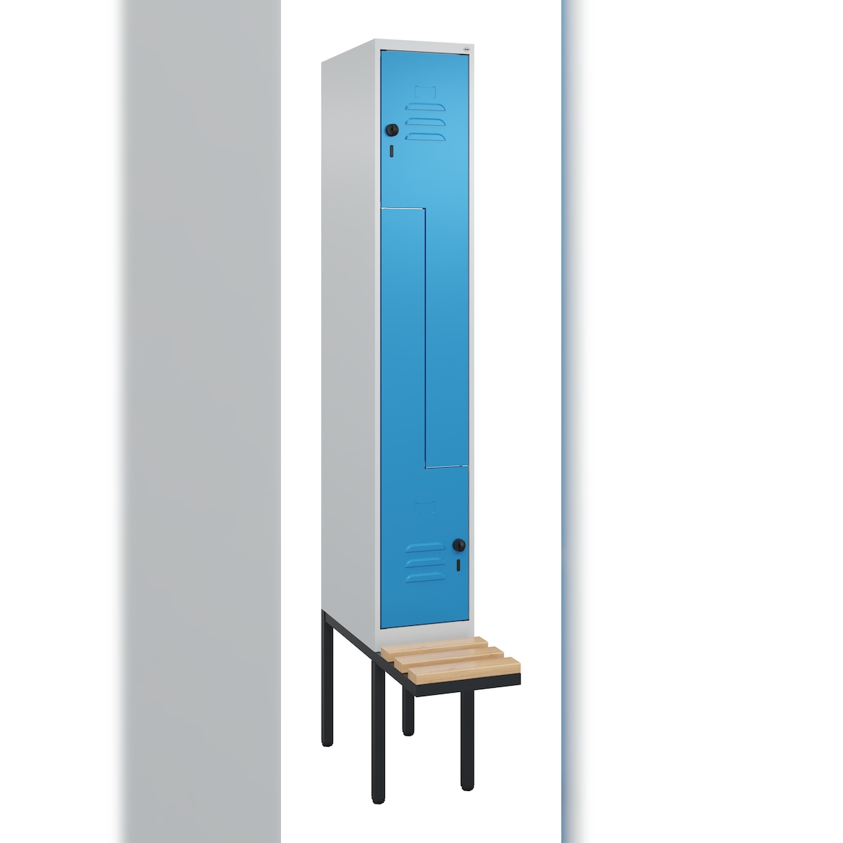 C+P Z-Spind Classic PLUS, Kunststoff untergebaute Sitzbank, 6 Abteile, HxBxT 212x90x82cm, Sicherheitsdrehriegel, Hellgrau/Rot von PROREGAL Image