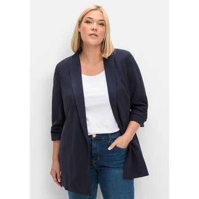 Longblazer SHEEGO "Große Größen", Damen, Gr. 46, blau (tiefblau), Obermaterial: 100% Polyester;Futter: 100% Polyester, unifarben, feminin, figurumspielend lang, 3/4-Ärmel, Blazer, mit Schalkragen und gerafftem 3/4-Arm Image