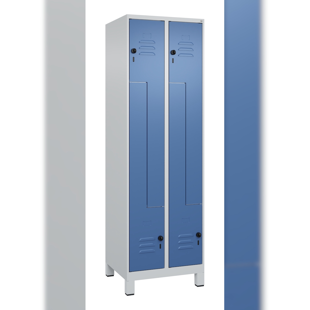 C+P Z-Spind Classic PLUS, Füßen, 4 Abteile, HxBxT 195x60x50cm, Sicherheitsdrehriegel, Hellgrau/Fernblau von PROREGAL Image