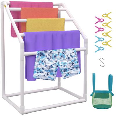 VEVOR 5/8/7 Bar Freestanding PVC Trapedozal Poolside Storage Organizer with 8Towel Clips Mesh Bag Hook for Beach Swimming Pool