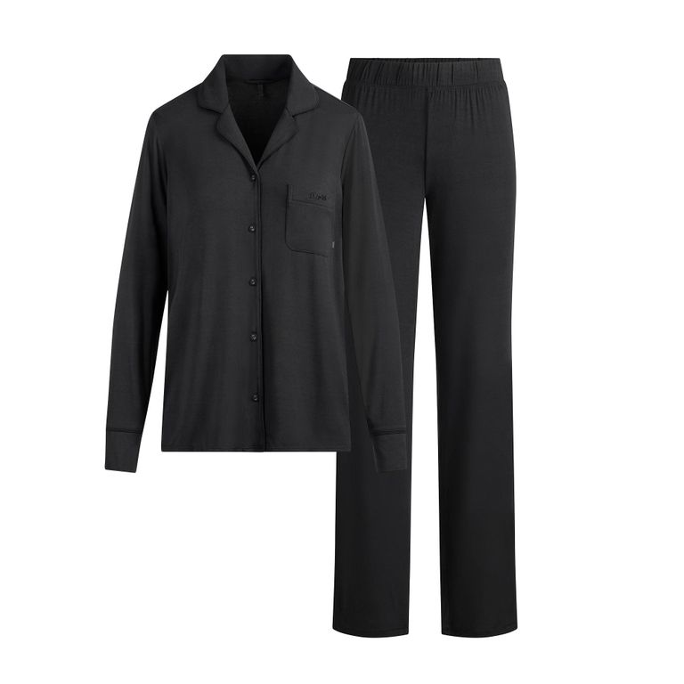 Sleep Long Sleeve Button Up Set - Black - Skims Nightwear