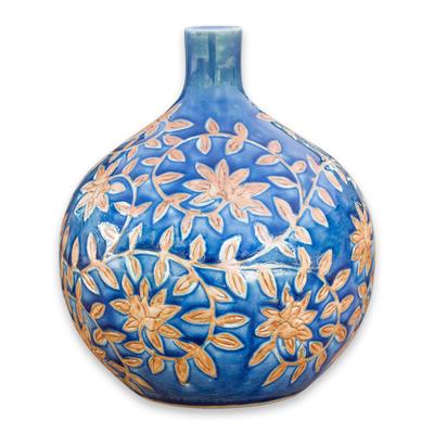 'Golden Jasmine' - Handcrafted Celadon Ceramic Vase from Thailand