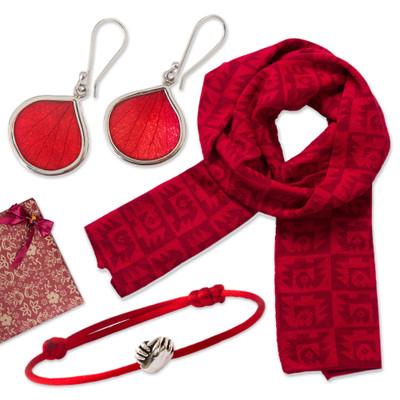Crimson Crush,'Curated Gift Set with Red Scarf Silver Bracelet and Earrings'